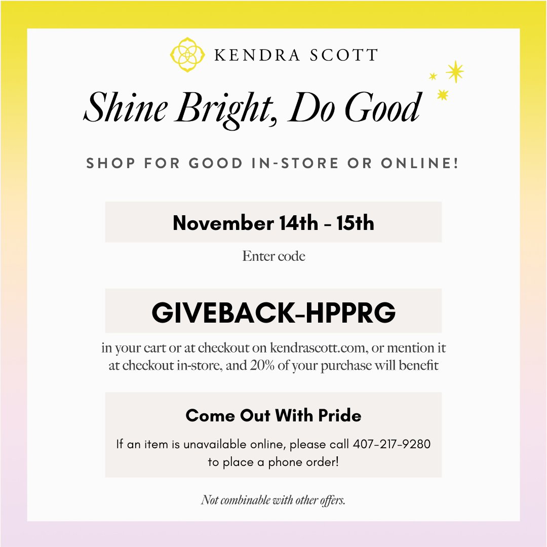 OrlandoPride's tweet photo. Kendra Scott in Winter Park Village are excited to host a shopping event. Mention COWP during checkout and Kendra Scott will contribute 20% of your total purchase to COWP!

Shop either in-store or online!

Online shopping, use "GIVEBACK-HPPRG" from 11/14 - 11/15 at 11:59pm. https://t.co/86cUTWNPcB