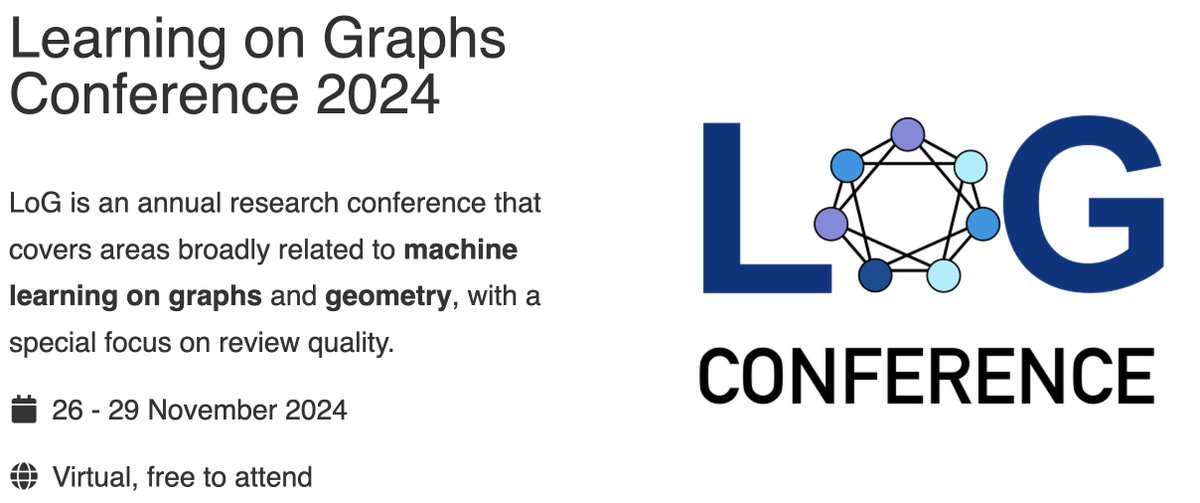 ✨EXCITING NEWS! Registration for the 3rd Learning on Graphs conference is now open 😊

It is virtual, free to attend, livestreamed, and recorded 📹 Sign up today!

forms.gle/eYiDCopJGUc8px…