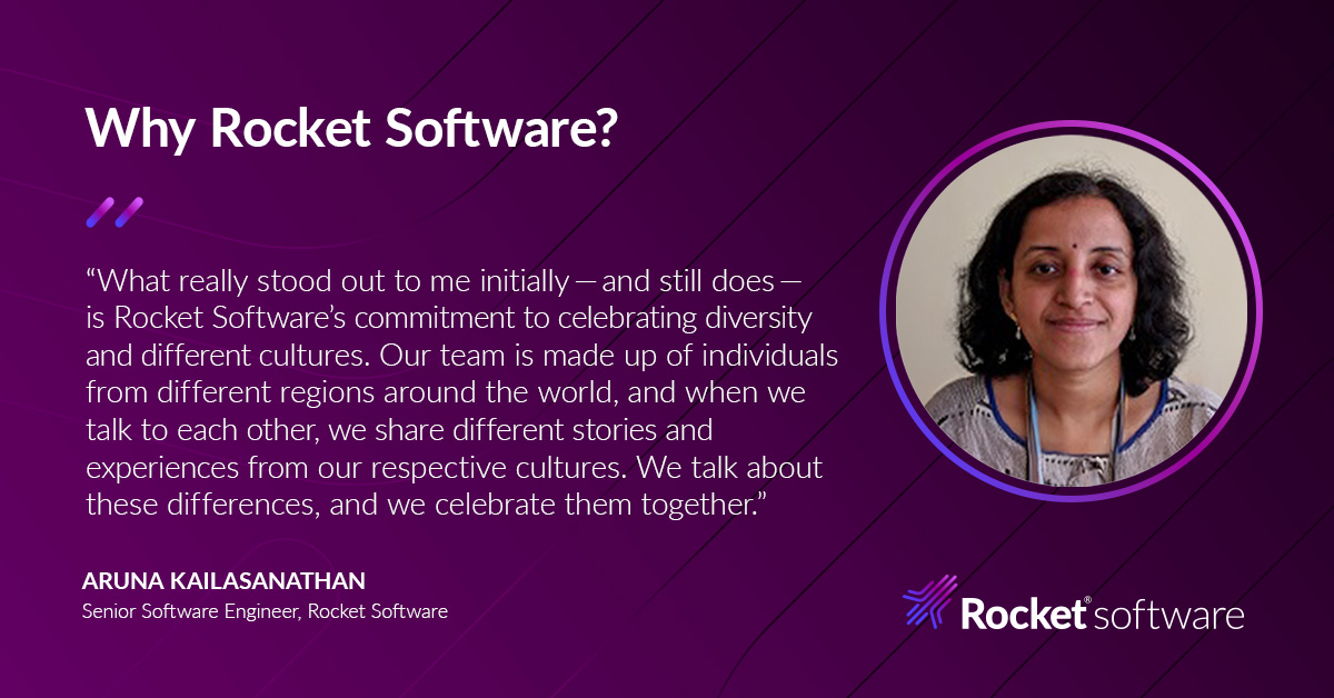 Rocket's tweet photo. Aruna Kailasanathan, senior software engineer at Rocket Software, brings over 20 years of software engineering experience to our team.

Get to know Aruna and how she leads our talented developers using our values of Empathy, Humanity, Trust, and Love: https://t.co/JKE3HLLQ9Q https://t.co/CkqYtNs457