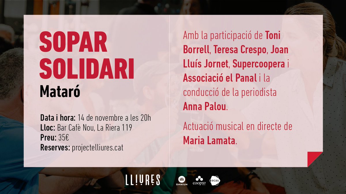 ❗ Últims dies! 

Ets del Maresme i encara no tens el tiquet pel sopar solidari #Lliures? 

Volem compartir una vesprada amb tu per reflexionar sobre la pobresa, l'exclusió i les desigualtats socials que vivim al nostre país.   

Reserva ara 👉projectelliures.cat/sopars-solidar…