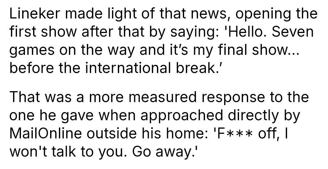 MOTD won't be the same without Lineker, also secretly hoping he gets a bit more podcasting time though so that he can tell the Mail to f*** off without having to worry about the BBC throwing a wobbler and suspending him for half an afternoon
