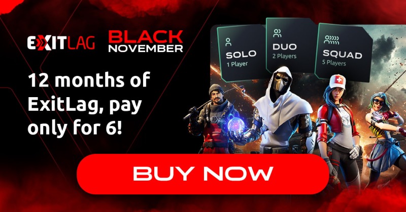 ExitLag's tweet photo. Black November ExitLag is here to level up your gaming. Pay 6 and Play 12 months. Dominate every match with a stable, lag-free connection for a full year. Don’t miss this exclusive offer - it won’t last long. It’s now or never!