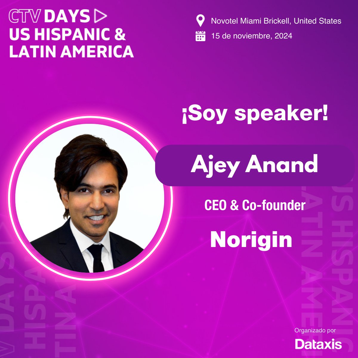 Descubre el secreto para crear una experiencia de usuario exitosa para tu plataforma en  #CTVDays US Hispanic &amp; Latin America junto Ajey Anand, CEO &amp; Co-founder de <a href="/NoriginMedia/">Norigin Media</a>.
👉Tickets disponibles: lnkd.in/eDf2EH5E

🗓️ 15 de noviembre, 2024
📍Novotel Miami Brickell