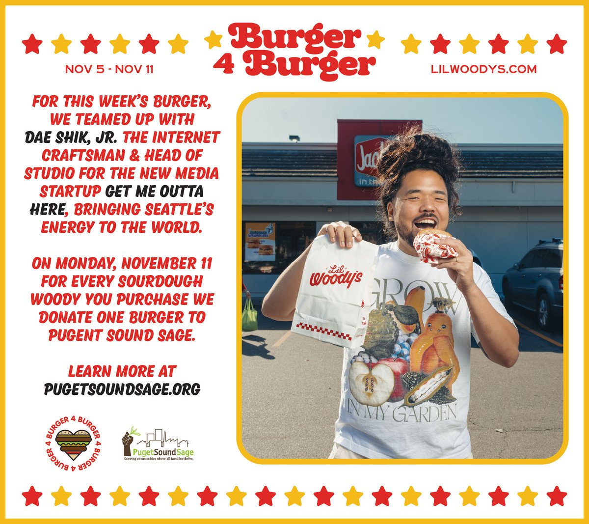 lilwoodys's tweet photo. For every #SourdoughWoody you purchase TODAY Mon. 11/11, we will match you and donate the same amount of burgers to @PugetSoundSage
Thank you @daeshikjr #Burger4BurgerProgram
#lilwoodysfastfoodmonth https://t.co/5Ag1oHVkfR