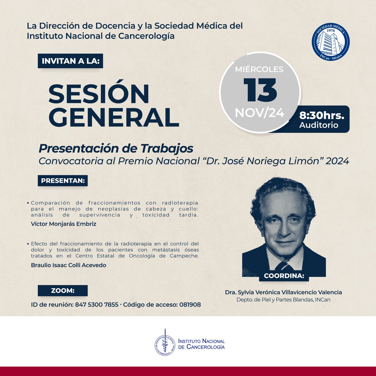 DocenciaIncan.MX (@docenciaincan) on Twitter photo La Dirección de Docencia y la Sociedad Médica del INCan invitan a la presentación de trabajos. Premio "Dr. José Noriega Limón" 2024, 13 de noviembre 08:30 hrs Auditorio INCan Vía Zoom us06web.zoom.us/j/84753007855... ID: 847 5300 7855 Código: 081908
<a href="/ogarrieta/">Oscar Arrieta</a> <a href="/Betzabe100/">Erika Ruiz-Garcia</a> <a href="/zapata_nidia/">nidia zapata</a> La Dirección de Docencia y la Sociedad Médica del INCan invitan a la presentación de trabajos. Premio "Dr. José Noriega Limón" 2024, 13 de noviembre 08:30 hrs Auditorio INCan Vía Zoom us06web.zoom.us/j/84753007855... ID: 847 5300 7855 Código: 081908
<a href="/ogarrieta/">Oscar Arrieta</a> <a href="/Betzabe100/">Erika Ruiz-Garcia</a> <a href="/zapata_nidia/">nidia zapata</a>