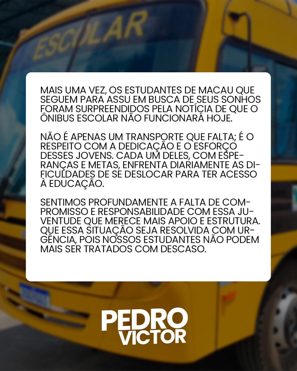 pedrovmelorn's tweet photo. 🚍☹️ Mais uma vez, estudantes de #Macau que vão a #Assu estudar foram surpreendidos com a falta de transporte escolar. Não é só o ônibus que falta; é o respeito pelo esforço desses jovens. Nossa juventude merece compromisso e apoio! ✊🏾📚 

#Educação https://t.co/jLsX3VzxPK