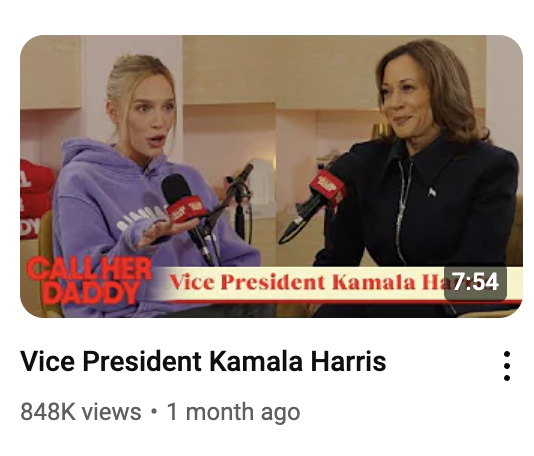 The election summarized:

Donald Trump x Rogan - 48M views - 2w ago
Kamala x Alex Cooper - 848k views - 1m ago.

The left: "How could we have lost?" 😂