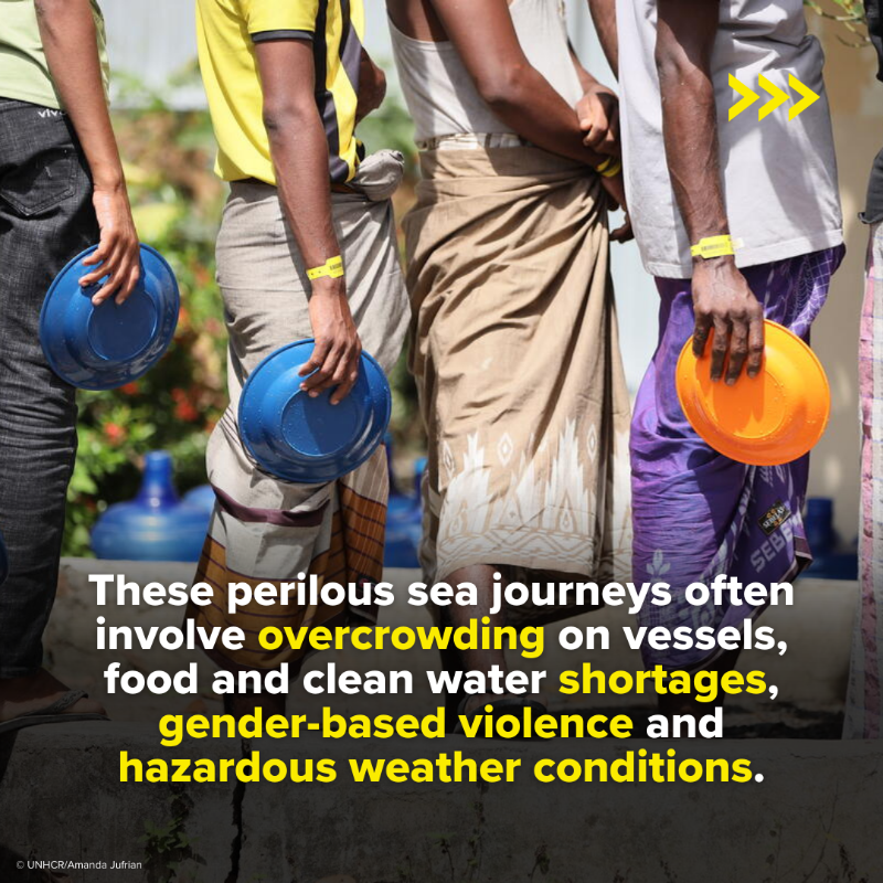 UN's tweet photo. Violence &amp; worsening living conditions in Myanmar, coupled with rising insecurity in Bangladesh, are forcing many Rohingya to risk their lives on perilous sea journeys in search of safety.

@Refugees works tirelessly to assist them, but greater support is crucial to save lives.