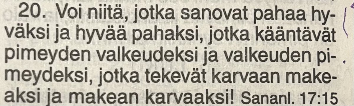 Suomi on sairastunut:

- Lapsi saa 1500e korvauksen jouduttuaan kristill. konserttiin.
- Barokkikonsertti peruttiin koululta sen kristill. viitteiden vuoksi
- Yliopiston opettaja näytti opiskelijoille itsetekemäänsä pornoa.

Tämä sana Jes. 5:20 nousi mieleen.

Herra armahda 😭🙏🏻