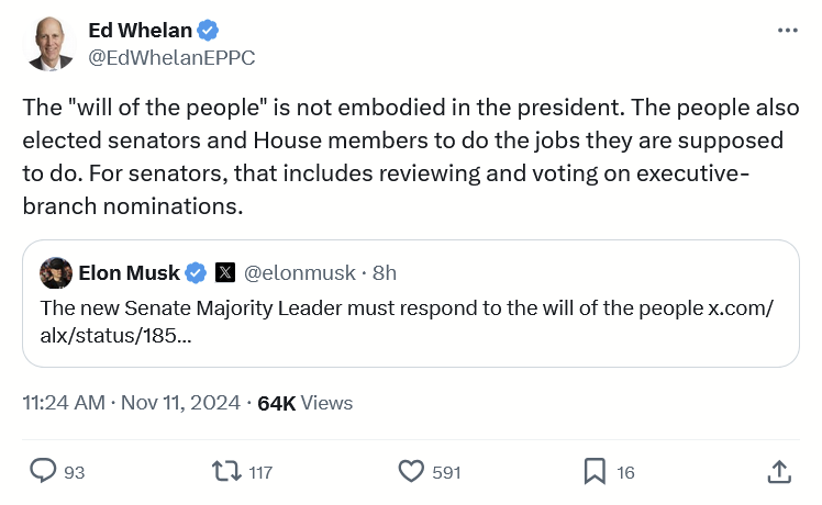 CBHessick's tweet photo. I've got to give @EdWhelanEPPC credit for taking a principled stand on the GOP push to use recess appointments to staff Trump's new cabinet.  He's taking a lot of heat for it from the party-over-principles crowd, and it's an admirable thing for him to do in this political climate https://t.co/EKjrH8vyCk