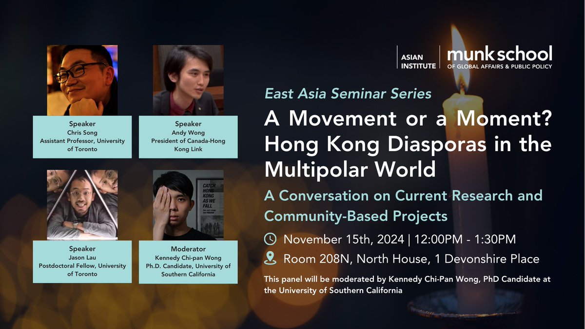 Asian Institute UofT (@ai_uoft) on Twitter photo This Friday, join the East Asia Seminar Series <a href="/AI_UofT/">Asian Institute UofT</a> <a href="/munkschool/">Munk School</a> <a href="/UofT/">University of Toronto</a> as we explore the multi-faceted nature of diaspora formation through the exodus of Hong Kongers over the past five years
🔗uoft.me/MovementOrMome… This Friday, join the East Asia Seminar Series <a href="/AI_UofT/">Asian Institute UofT</a> <a href="/munkschool/">Munk School</a> <a href="/UofT/">University of Toronto</a> as we explore the multi-faceted nature of diaspora formation through the exodus of Hong Kongers over the past five years
🔗uoft.me/MovementOrMome…
