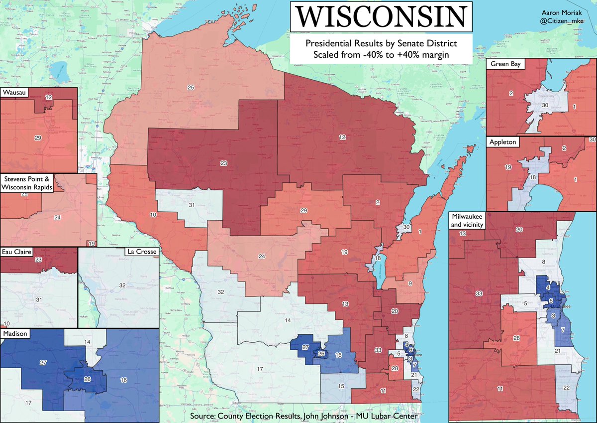 Citizen_MKE's tweet image. Here are the same results but for State Senate districts. Harris won 18/33, despite losing statewide. The tipping point district was the 17th, where Harris won 1.3%. However, there were 4 districts Harris won by &amp;lt;2 and 6 by less than 3, so it's not a big advantage for Dems