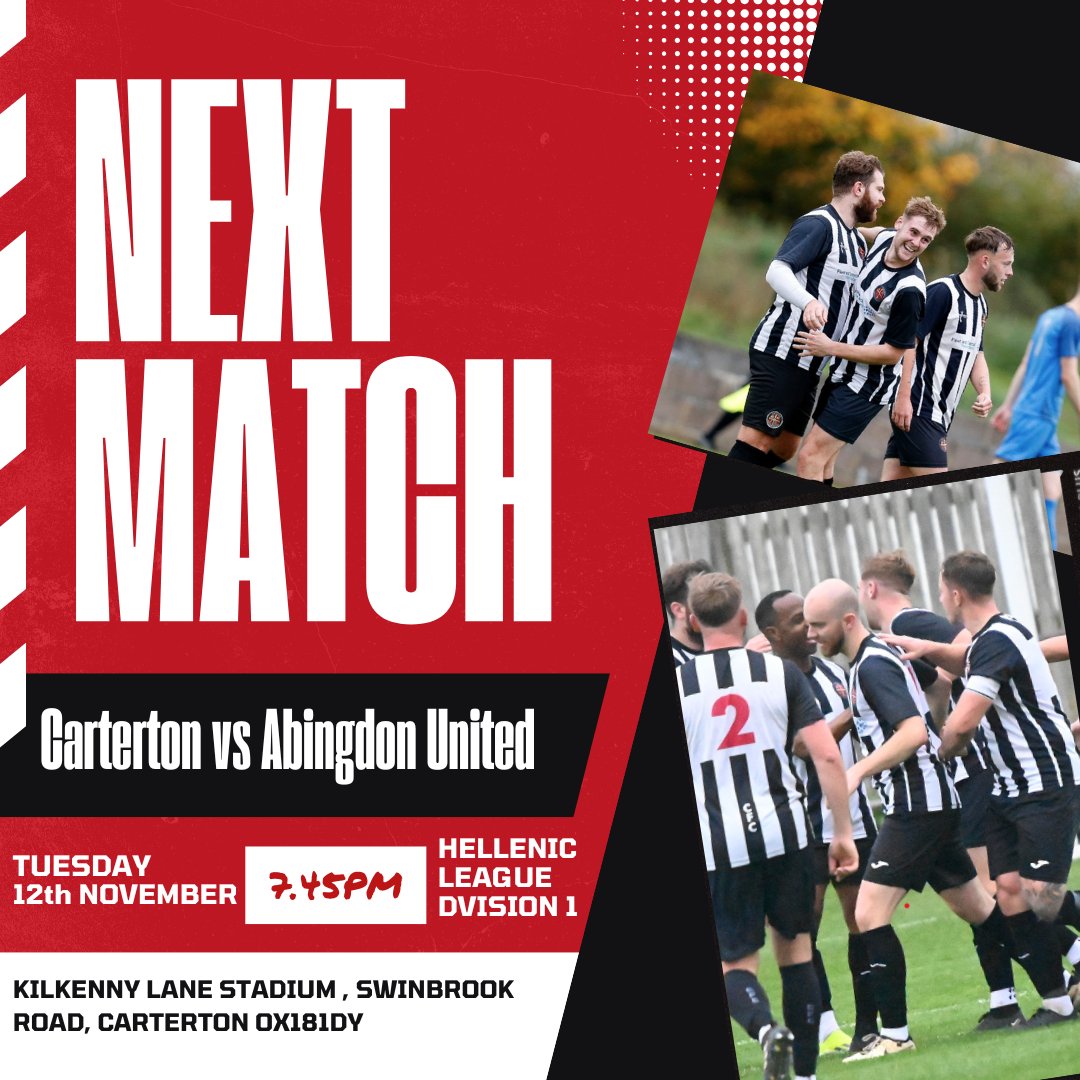 Carterton FC (@cartertonfc2018) on Twitter photo Another evening match, as we welcome neighbours Abingdon United <a href="/AbingdonUtd/">Abingdon United FC</a> to Kilkenny Lane for this Division 1 fixture - big crowd expected for our second local derby in a week <a href="/CartertonCC/">Carterton CC</a> <a href="/OxOnFootball/">Oxon Football</a> <a href="/nonleaguedayuk/">Non-League Day</a> <a href="/NonLeagueCrowd/">Non League Crowds</a> <a href="/nonleagueshow/">Non League Show</a> <a href="/HellenicLeague/">Hellenic League</a> Another evening match, as we welcome neighbours Abingdon United <a href="/AbingdonUtd/">Abingdon United FC</a> to Kilkenny Lane for this Division 1 fixture - big crowd expected for our second local derby in a week <a href="/CartertonCC/">Carterton CC</a> <a href="/OxOnFootball/">Oxon Football</a> <a href="/nonleaguedayuk/">Non-League Day</a> <a href="/NonLeagueCrowd/">Non League Crowds</a> <a href="/nonleagueshow/">Non League Show</a> <a href="/HellenicLeague/">Hellenic League</a>