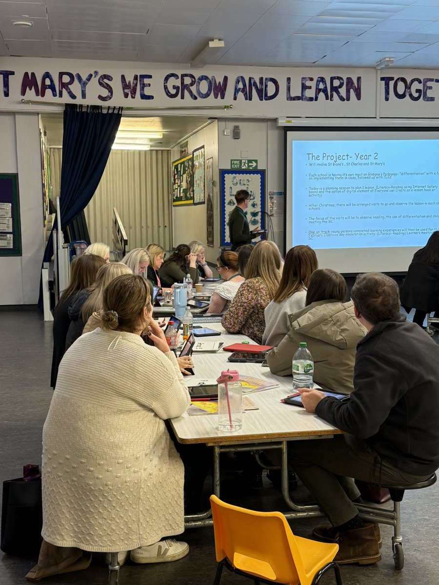StCharlesGla's tweet photo. We had a very successful first #CollaborativeLearningCommunity session with @JPALearning_C this evening planning for our #Moderation exercise. Teachers planned their #Reading activities around some #InternetSafety texts. We look forward to the #ClassVisits before February’s in-service day. @StBlanesGCC @stmarysmaryhill @LangaStNursery @ParkMaryhill @johnpaulacademy @EdISGlasgow