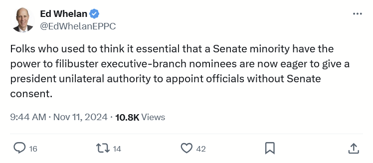 CBHessick's tweet photo. I've got to give @EdWhelanEPPC credit for taking a principled stand on the GOP push to use recess appointments to staff Trump's new cabinet.  He's taking a lot of heat for it from the party-over-principles crowd, and it's an admirable thing for him to do in this political climate https://t.co/EKjrH8vyCk