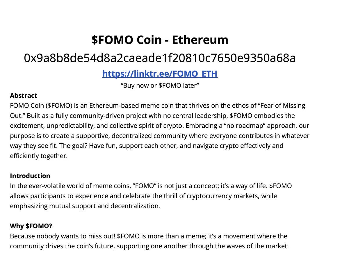$FOMO Whitepaper: Buy now or FOMO later

drive.google.com/file/d/1p2TpmZ…