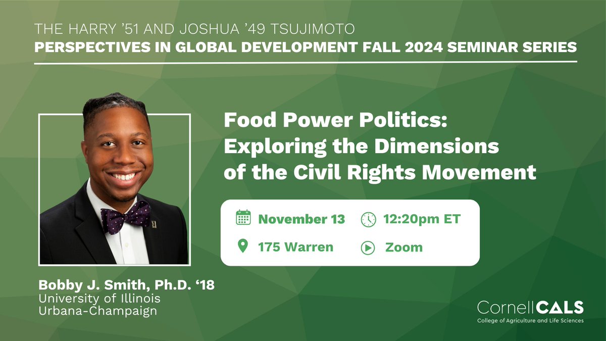 Cornell Global Development (@cornellglobal) on Twitter photo We are honored to welcome Bobby J. Smith II, MS ‘13 (<a href="/CornellDyson/">Cornell Dyson</a>), Ph.D. ‘18 (<a href="/CornellGlobal/">Cornell Global Development</a>) back to campus this week!
Join us on Wednesday as Bobby presents on his new award-winning book, Food Power Politics.
Open to the public, in-person + online: cals.cornell.edu/food-power-pol… We are honored to welcome Bobby J. Smith II, MS ‘13 (<a href="/CornellDyson/">Cornell Dyson</a>), Ph.D. ‘18 (<a href="/CornellGlobal/">Cornell Global Development</a>) back to campus this week!
Join us on Wednesday as Bobby presents on his new award-winning book, Food Power Politics.
Open to the public, in-person + online: cals.cornell.edu/food-power-pol…