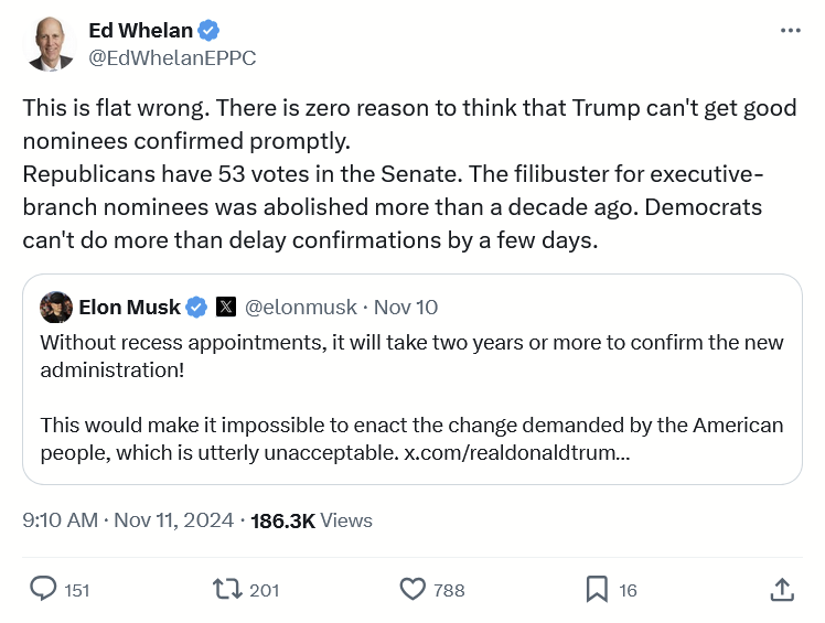 CBHessick's tweet photo. I've got to give @EdWhelanEPPC credit for taking a principled stand on the GOP push to use recess appointments to staff Trump's new cabinet.  He's taking a lot of heat for it from the party-over-principles crowd, and it's an admirable thing for him to do in this political climate https://t.co/EKjrH8vyCk