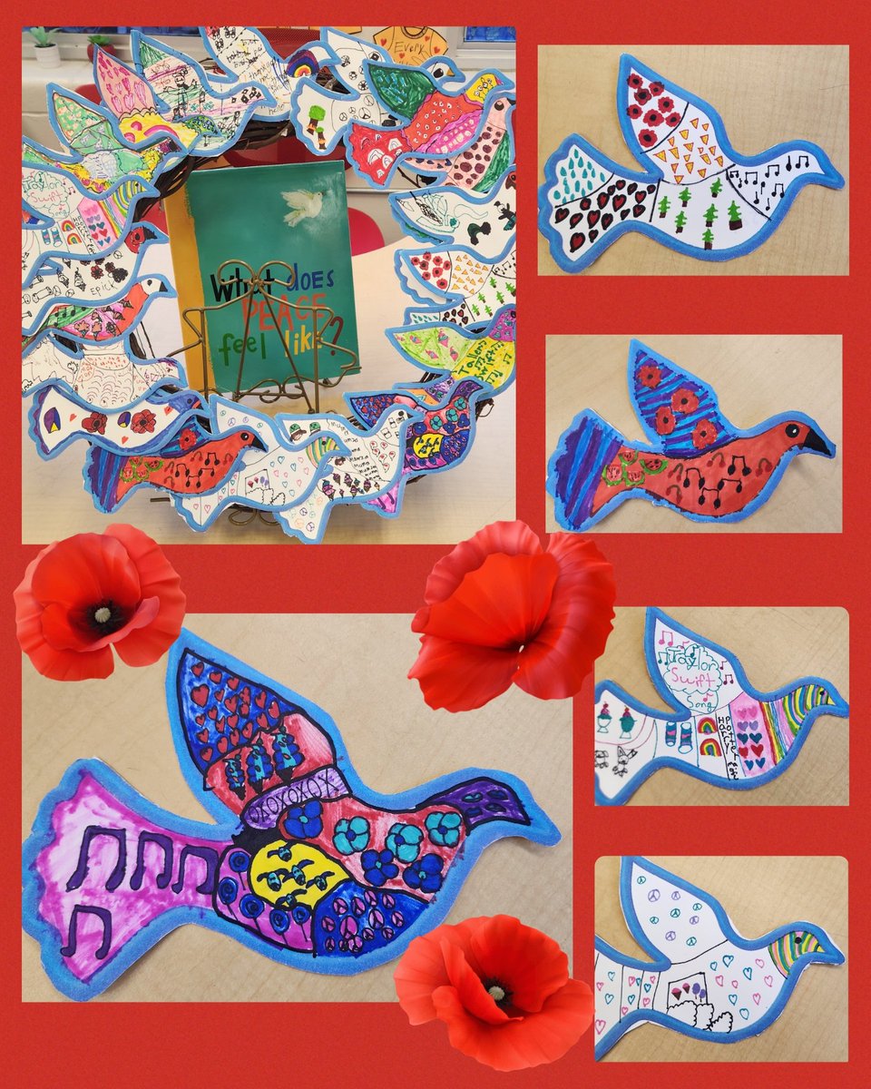 BrainyBunch2s's tweet photo. We explored peace with "What Does Peace Feel Like?" Each of us created symbols that show what peace feels, looks, tastes, sounds, and smells like. We designed these on doves for our class wreath to honour Remembrance Day. 🕊️ #RemembranceDay2024 #SymbolsOfPeace #PeaceBuilders https://t.co/7EMtcnNndF