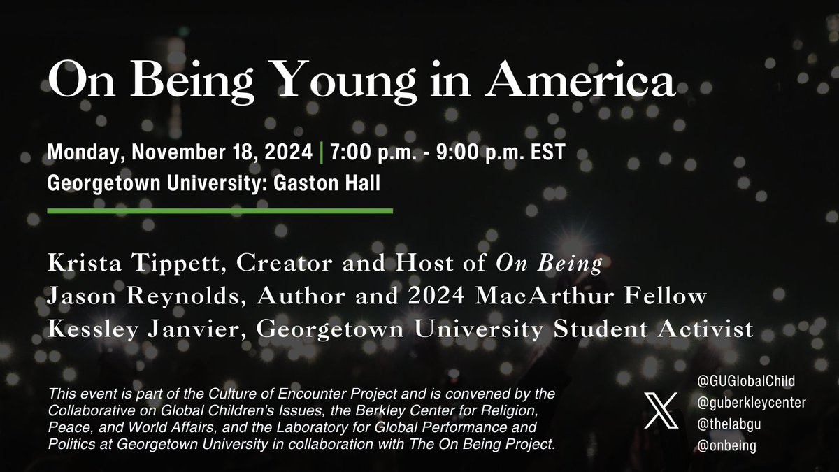 We're officially 1 week out from our event w/@OnBeing's  <a href="/kristatippett/">Krista Tippett</a>, MacArthur “Genius” <a href="/JasonReynolds83/">Jason Reynolds News</a>, &amp; <a href="/Georgetown/">Georgetown University</a> senior Kessley Janvier. RSVP to attend this intergenerational conversation on what it means to be young in post-election America: bit.ly/4e6Kqfb