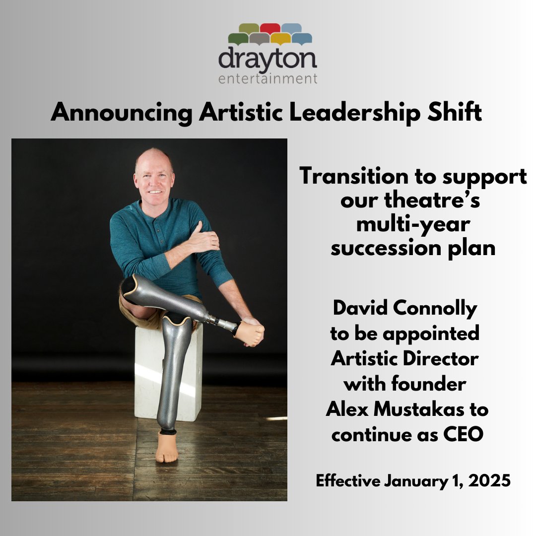 Alex Mustakas, founding Artistic Director &amp; CEO of Drayton Entertainment, as supported by the award-winning charitable arts organization’s volunteer Board of Directors, has announced a leadership transition as part of the theatre’s multi-year succession plan.

Under Mustakas’