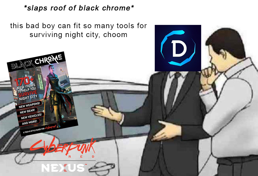 DemiplaneRPG's tweet photo. 170+ tools to be exact, Choomba. 🚗

🦾 @RTalsorianGames 's Black Chrome and Black Chrome+ releases on the Cyberpunk RED Nexus this Wednesday!
➡️ https://t.co/LIv60hlj5O

#cyberpunk #ttrpg https://t.co/hhxCK7c5Xx
