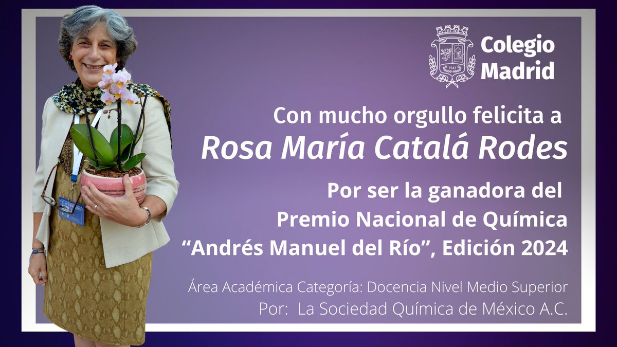 ColegioMadridMX's tweet photo. ¡Enhorabuena Rosa Mari!
Ganadora del Premio Nacional de Química
"Andrés Manuel del Río" Edición 2024
Categoría: Docencia nivel medio superior.
#MadridBien
#Química #Docencia
#ColegioMadridMX
#SQM #PremioAMR2024 https://t.co/IvhOt1pccm