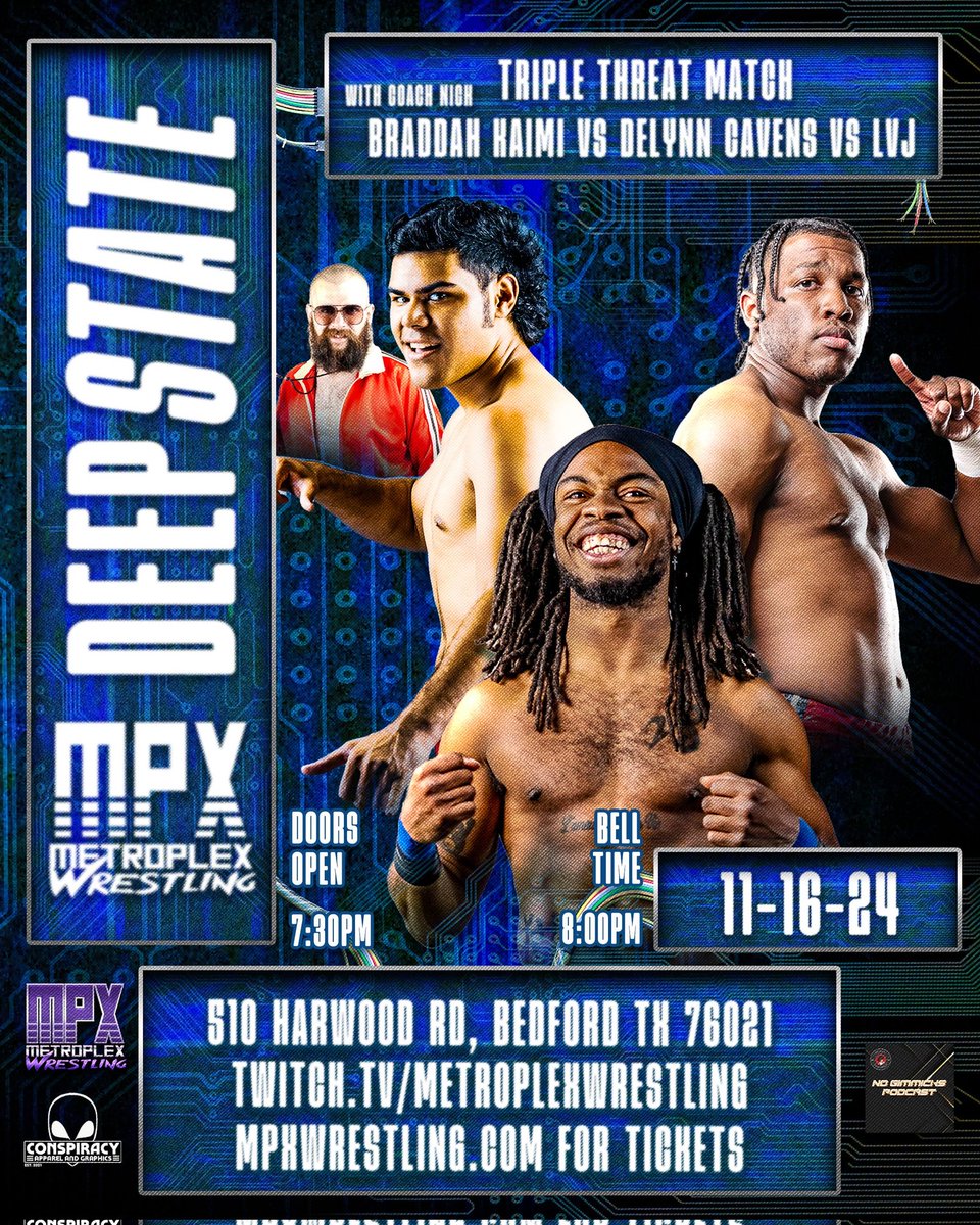 MPXWrestling's tweet photo. .@itz_kaimi vs @chosenlvj vs @delynnxdelynn

🚨🚨🚨
#MPXADDICTS 
3 of the most exciting athletes in all of MPX do battle! Find out who will win this Saturday #MPXDeepState 11/16

Tickets are now on sale at
https://t.co/mVz10reMdE !

#MPX #AEW #WWE #TNA #MLW #prowrestling https://t.co/exEr8RkY1M
