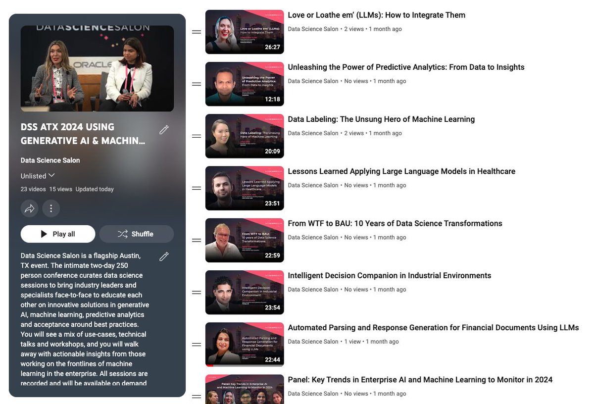 he #DSSATX 2024 playlist is here! Dive into sessions from leading data pros on predictive analytics, #GenerativeAI &amp; #MachineLearning across industries 
🎥 WATCH HERE youtube.com/playlist?list=…

Featured Talks:
🔹 #DataLabeling in ML – Lydia Chen, Gannett
🔹 LLMs in Healthcare –