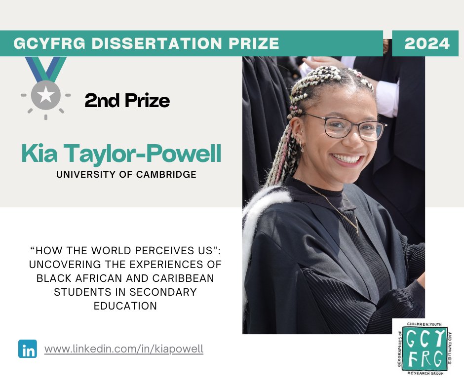 GCYFRG (RGS-IBG) (@gcyfrg) on Twitter photo The GCYFRG is pleased to announce that our 2024 RGS/IBG Undergraduate Dissertation 2nd Prize, was awarded to Kia Taylor-Powell, <a href="/Cambridge_Uni/">Cambridge University</a>.
Visit our webpage to read the interview with Kia about their dissertation experienceĀ and read her dissertation
gcyfrg.wixsite.com/gcyfrg/prizes/⦠The GCYFRG is pleased to announce that our 2024 RGS/IBG Undergraduate Dissertation 2nd Prize, was awarded to Kia Taylor-Powell, <a href="/Cambridge_Uni/">Cambridge University</a>.
Visit our webpage to read the interview with Kia about their dissertation experienceĀ and read her dissertation
gcyfrg.wixsite.com/gcyfrg/prizes/ā¦