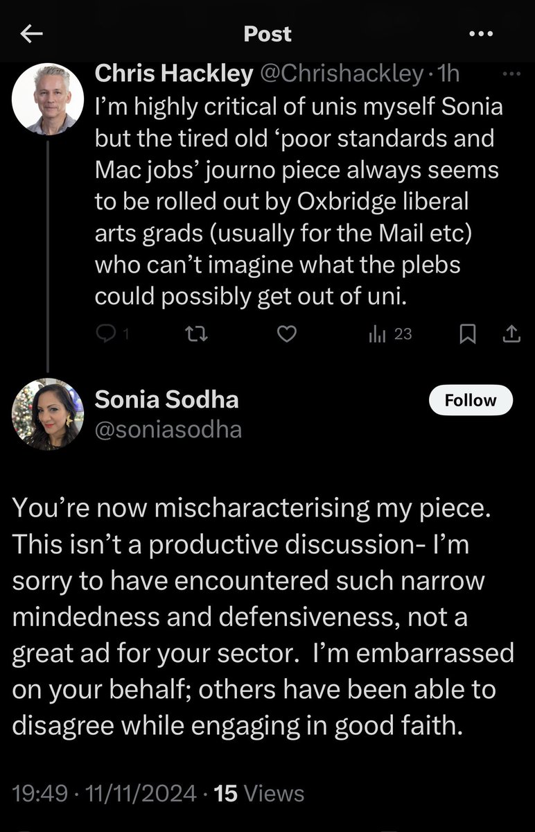 Chris Hackley (@chrishackley) on Twitter photo I’ve been blocked by <a href="/soniasodha/">Sonia Sodha</a> for allegedly ‘mischaracterising’ her Obsv piece on unis. From what I’ve seen Twitter etiquette is that such confected squabbles are reported, for mutual gratification I’ve been blocked by <a href="/soniasodha/">Sonia Sodha</a> for allegedly ‘mischaracterising’ her Obsv piece on unis. From what I’ve seen Twitter etiquette is that such confected squabbles are reported, for mutual gratification