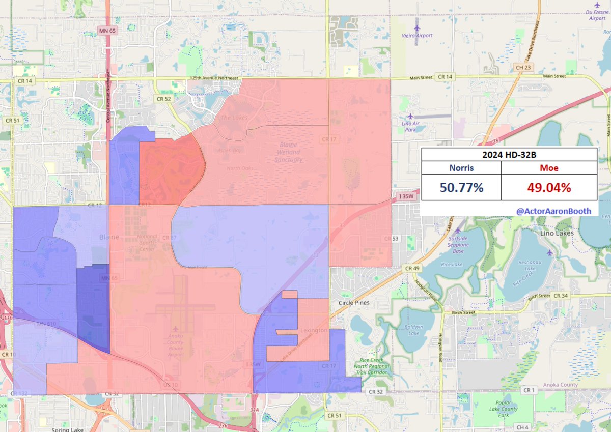 ActorAaronBooth's tweet photo. My home district, #HD32B, was a pretty narrow DFL hold. @MNfromMN held on by 1.8% by out-running Harris. This district contains part of Blaine as well as the small city of Lexington. https://t.co/DuDGw3B3sx