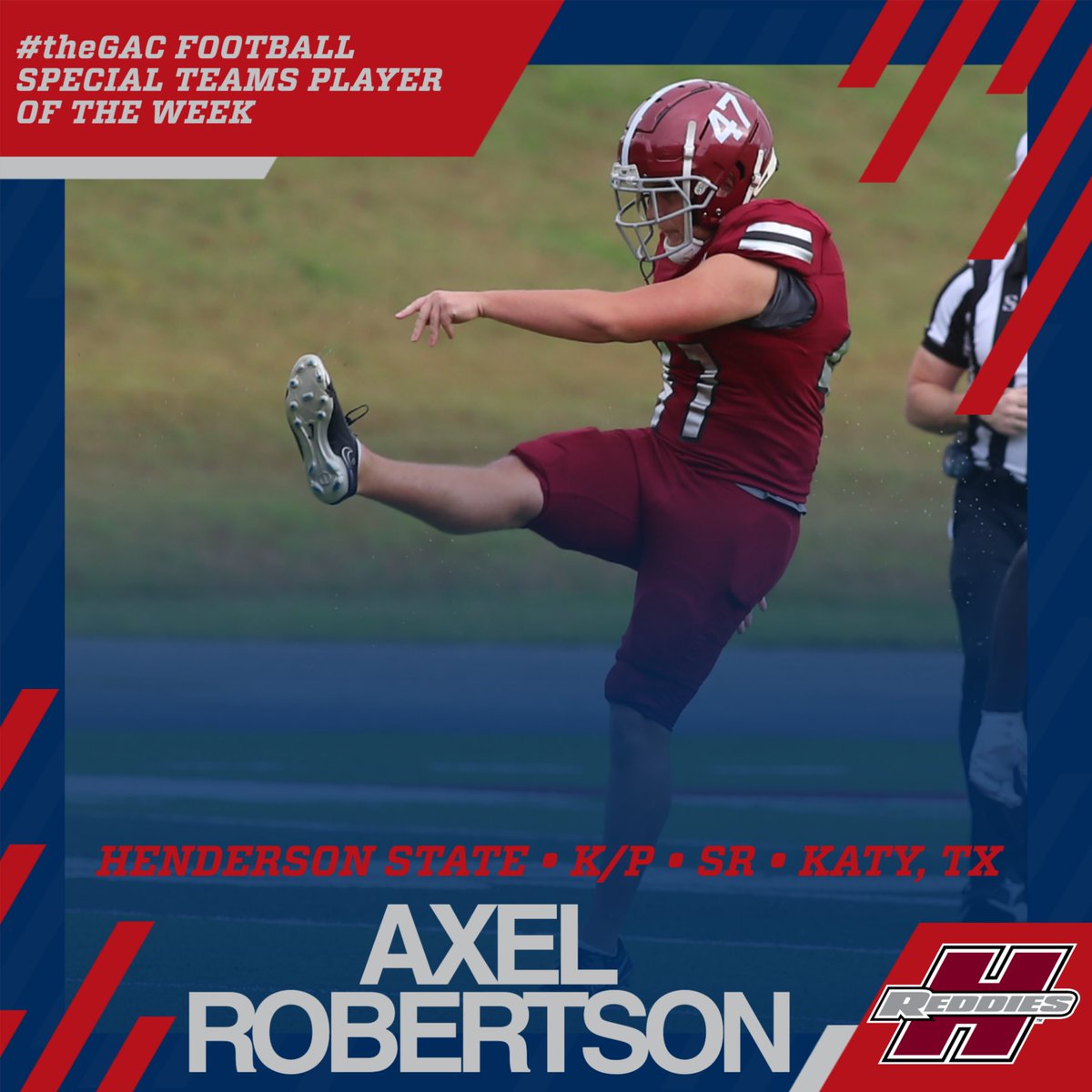 theGAC 🏈 WEEK 10 PLAYERS OF THE WEEK: 
Offensive - Judd Barton, QB <a href="/SAUFootball/">Mulerider Football</a>
Defensive - Clark Griffin, LB <a href="/Harding_FB/">Harding Football</a> 
Special Teams - Axel Robertson, K/P <a href="/ReddieFB/">HSU Reddie Football</a>