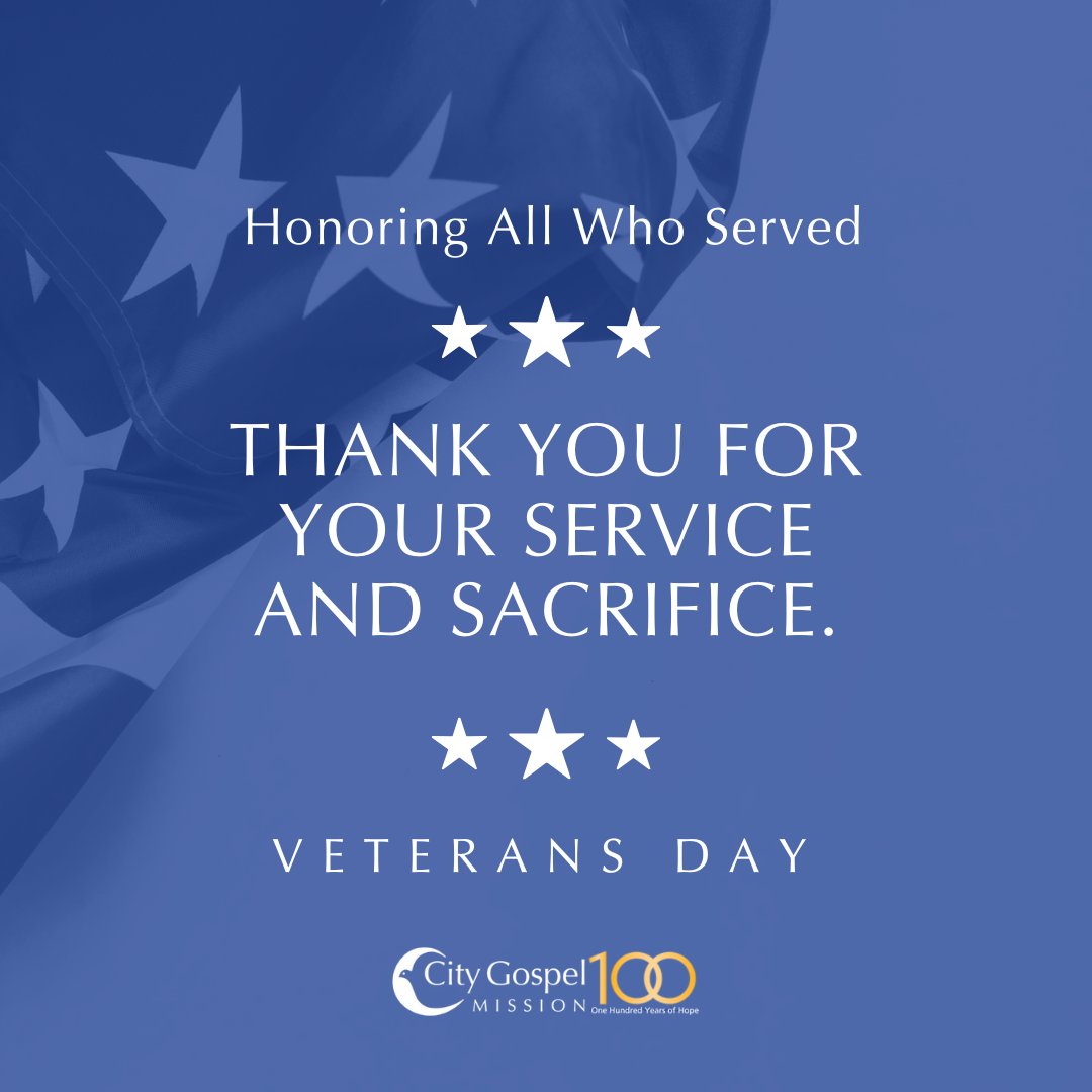 A Day of Honor. 
Today, we thank the brave men and women who served our country. Your courage inspires us to break the cycle of poverty for every life we touch. Happy Veterans Day from City Gospel Mission. 🇺🇸
 #VeteransDay #ThankYouVeterans #CityGospelMission #BreakingTheCycle