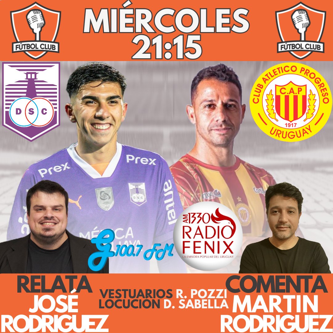MIÉRCOLES!
XXXL de Clausura en <a href="/futbolclubuy/">Fútbol Club</a> por 100.7 FM y nuestras plataformas.

🕓 21:15
⚽ <a href="/DefensorSp/">Defensor Sporting</a> vs <a href="/ProgresoOficial/">C. A. Progreso</a> 

🗣️Relatos <a href="/JRodriguezRey/">José  Rodríguez Rey</a> 
🗣️Comentarios <a href="/jemartinr/">Martin R</a> 

ESCÚCHANOS EN👇
📻 100.7 FM
📱 Futbolclub.uy
📱 youtube.com/watch?v=rg1Ghq…