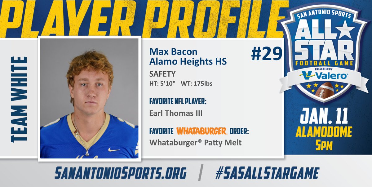 SA_Sports's tweet photo. Meet @maxbacon_ from @AHISD who will compete in the San Antonio Sports All-Star Football Game pres. by @ValeroEnergy at the Alamodome on Jan. 11! #SASAllStarGame @Whataburger 

@ahmulesfootball 
@AHISDAthletics 
@AHHSmules https://t.co/MzvSYR3G4c