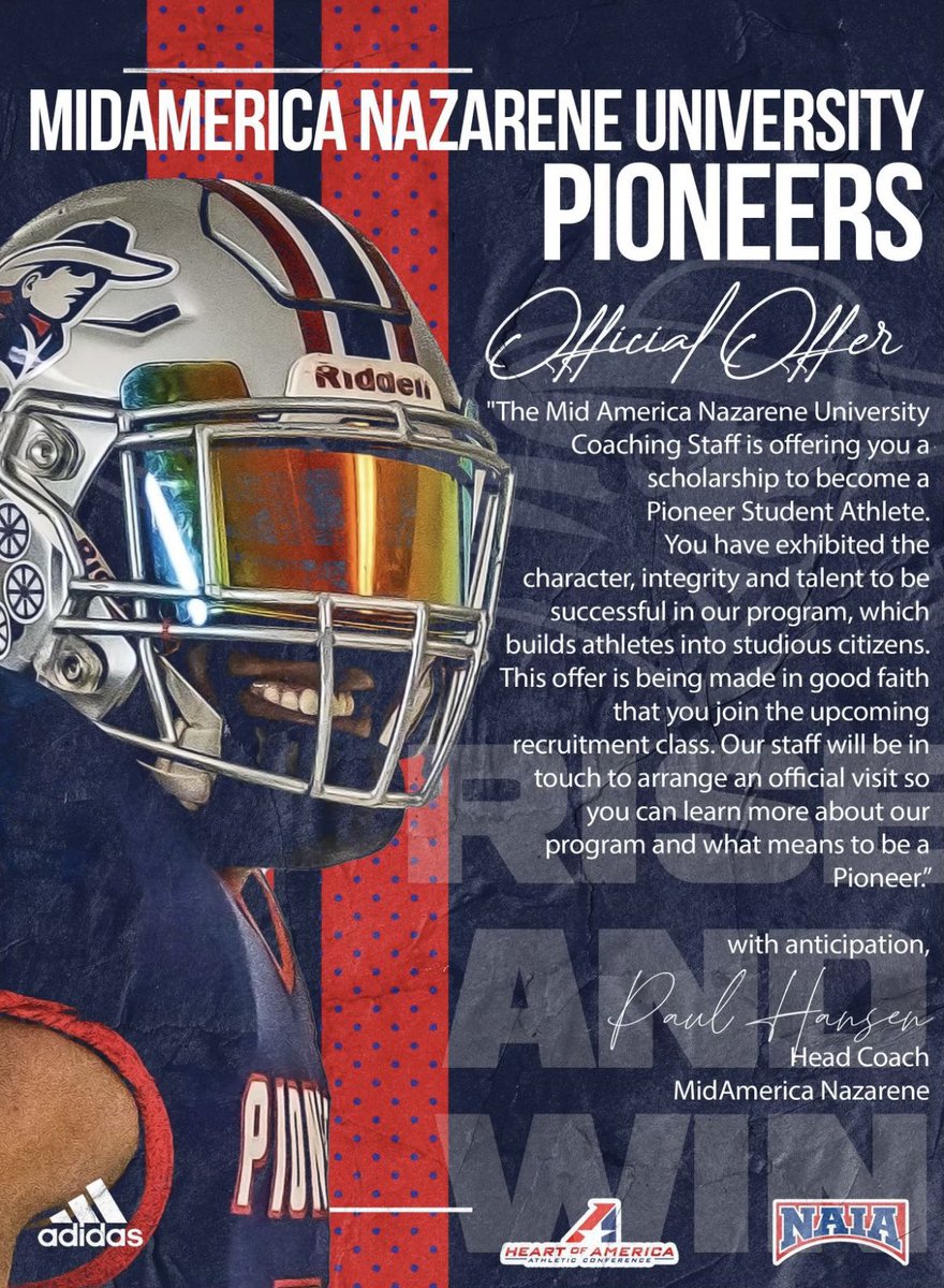 After a great talk with coach <a href="/ITS_COACHTAE/">Imante Griffin</a> I’m blessed to receive a offer from MIDAMERICA NAZARENE UNIVERSITY❤️💙 #Agtg <a href="/PrepRedzoneIL/">Prep Redzone Illinois</a> <a href="/BTHSEastLancers/">BellevilleEastSports</a> <a href="/Coachscoody/">Coach Scoody</a>