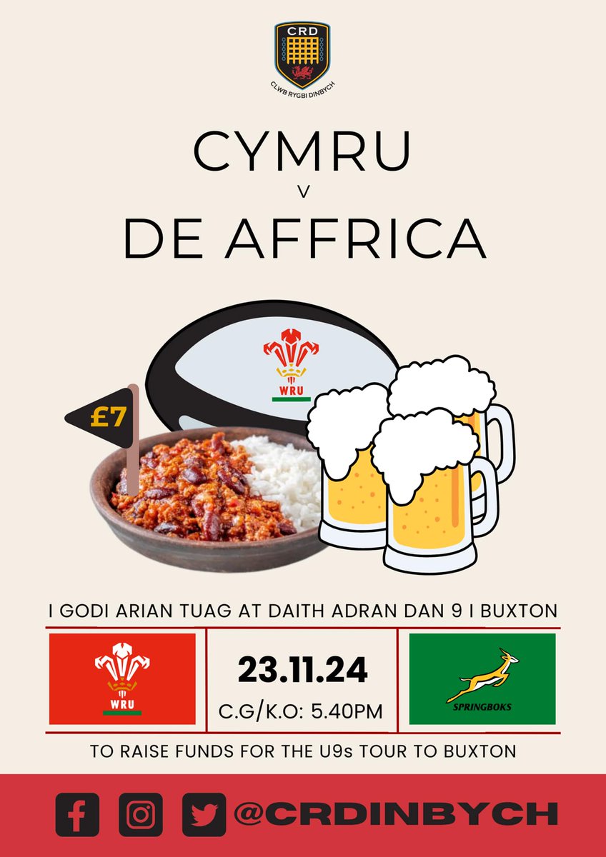 🏴󠁧󠁢󠁷󠁬󠁳󠁿CYMRU 🆚 DE AFFRICA🇿🇦

📆 - 23.11.24
⏰ - 5.40pm
📍 - Clwb Rygbi Dinbych

Dewch draw i wylio'r gêm fawr a chodi arian i helpu Tîm Dan9 y clwb hel arian at eu taith i Buxton flwyddyn nesaf.

#CRD