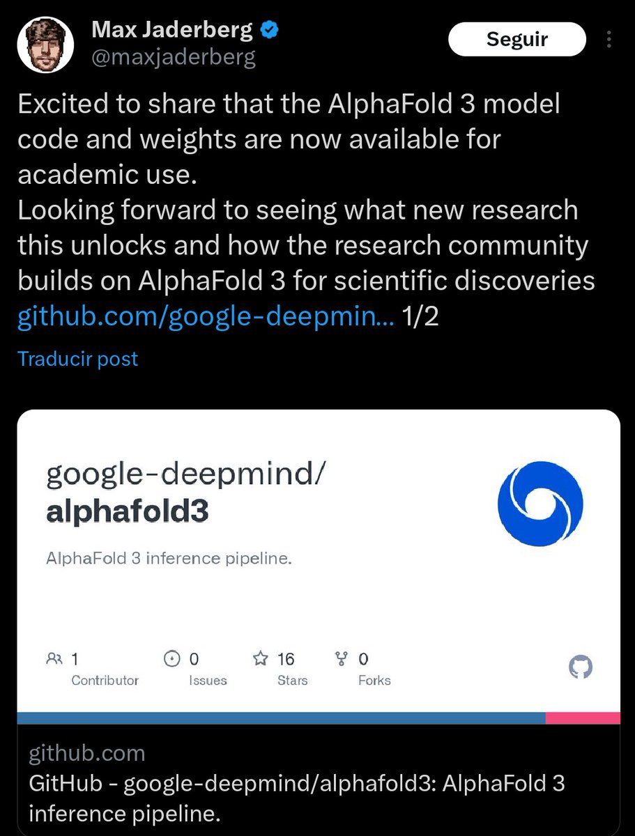 TheDotCSV's tweet image. 🔴 ALPHAFOLD 3 RELEASED!

6 months after its announcement, the Alphafold team has released the code and models for academic use.

Great news! 👇