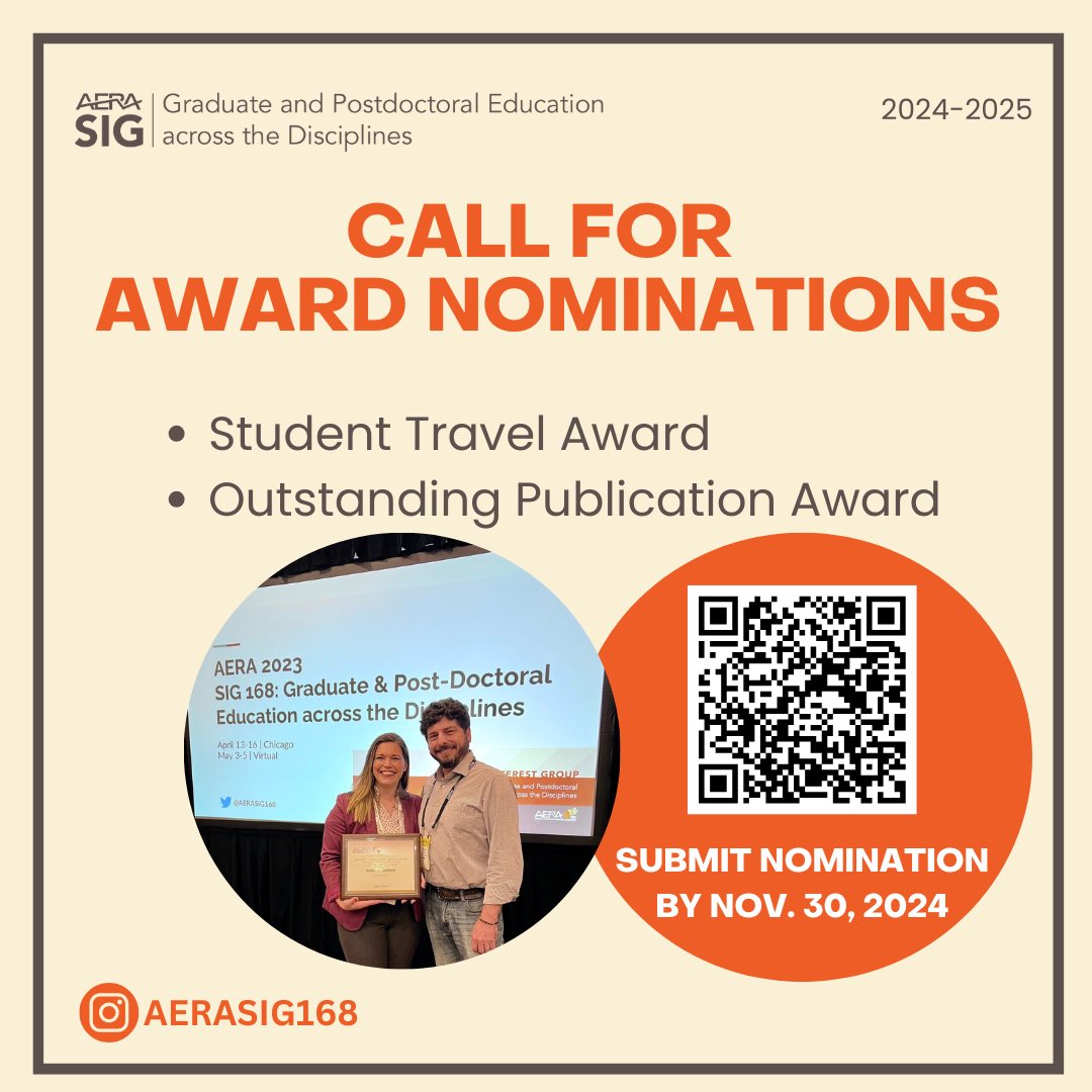 AERA SIG 168 Graduate and Postdoctoral Education (@aerasig168) on Twitter photo Open call for award nominations for our SIG 168 members:
1) Student Travel Award
2) Outstanding Publication Award
Eligibility: Applicants MUST be Sig168 members
Deadline: 11/30/2024 5pm EST
Submit here: docs.google.com/forms/d/1cR8ojā¦
Questions: Stephanie Lezotte (lezotte@rowan.edu) Open call for award nominations for our SIG 168 members:
1) Student Travel Award
2) Outstanding Publication Award
Eligibility: Applicants MUST be Sig168 members
Deadline: 11/30/2024 5pm EST
Submit here: docs.google.com/forms/d/1cR8ojā¦
Questions: Stephanie Lezotte (lezotte@rowan.edu)