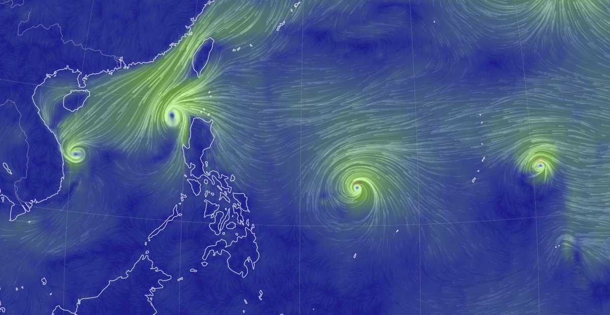 Four simultaneously active (and named) tropical cyclones are forming in the Pacific. An event not observed since 1951 adds to the increasing number of climate anomalies. Check its evolution in classic.nullschool.net: earth.nullschool.net/#current/wind/…