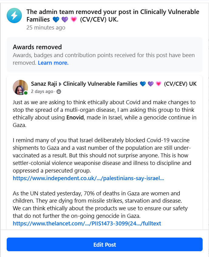 SanazRaji's tweet photo. Shameful for @cv_cev to censor my post about using ethical sprays that do not contribute to the genocide in Gaza, which was supported by others.

Supporting 🇵🇸 is interconnected with the fight for Covid safety &amp; mitigation. You can't separate the two. Like &amp; share if you agree! https://t.co/Z38WiKIKFE