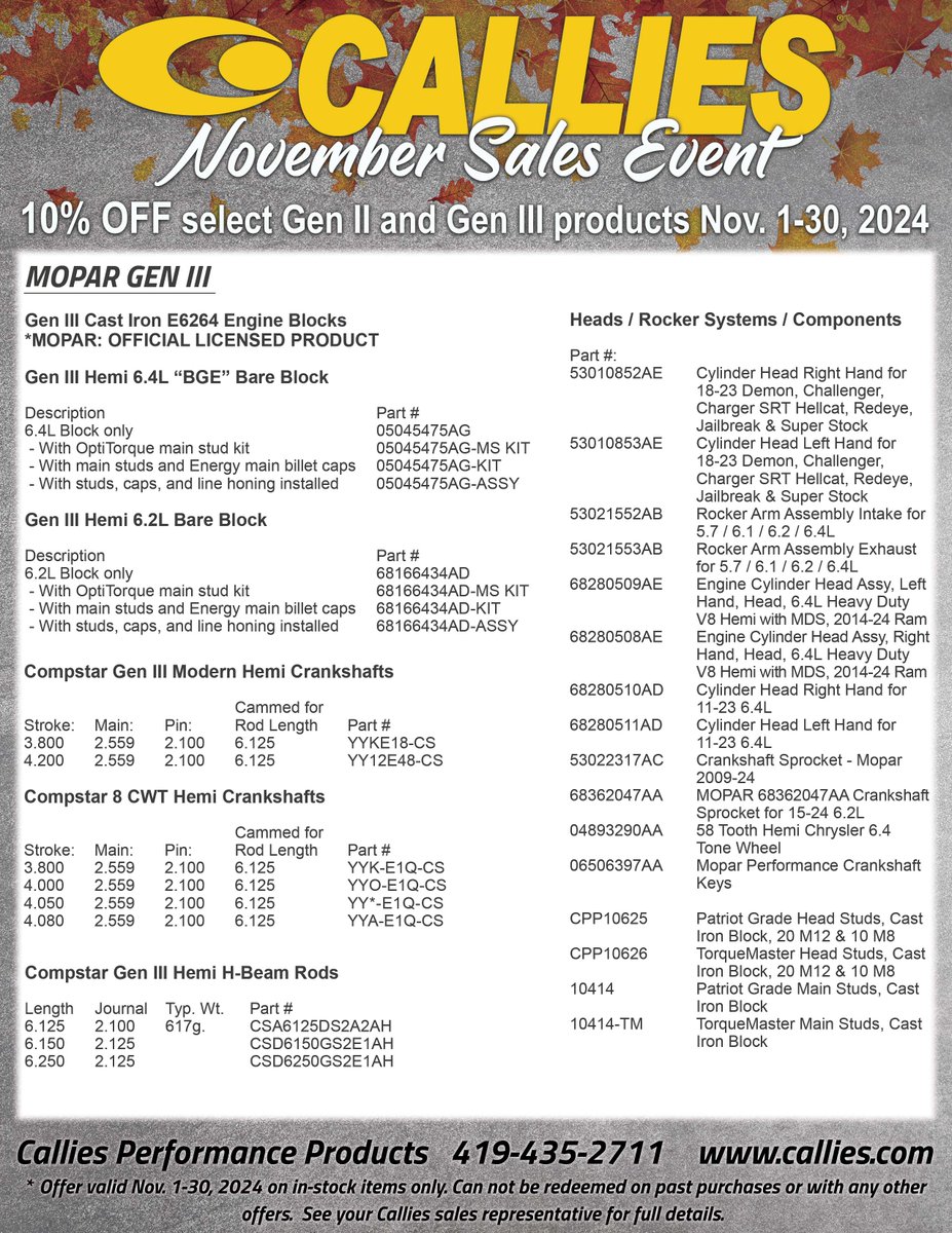 The November Sales Event is happening now! 10% Off select Gen II and Gen III products! Call Callies today at 419-435-2711 or visit callies.com #calliesperformance #mopar