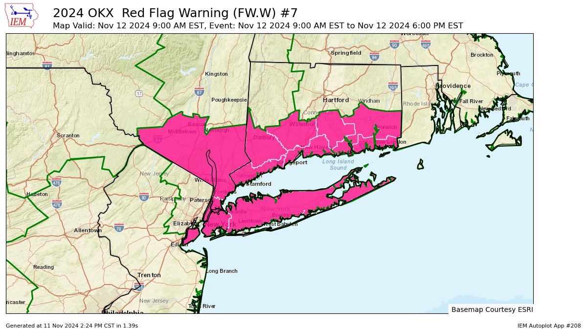 A Red Flag Warning will be in effect for southwestern Connecticut Tuesday from 9 a.m. until 6 p.m. EST: forecast.weather.gov/showsigwx.php?…