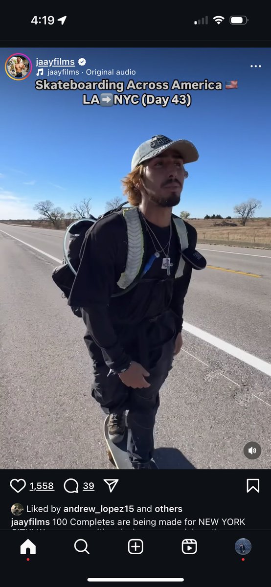 Following this illiterate guy on ig who decided to skateboard across america a couple weeks ago and left his house in LA w one change of clothes and no money expecting it to take like 2 weeks. He was so surprised when he found out the rocky mountains exist. Really good content