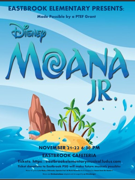 Eastbrook Elementary (@ees_msdpike) on Twitter photo Moana is less than 2 weeks away! Tickets are available at eastbrookelementarymusical.ludus.com for a $5 donation to the Eastbrook PSG and they will support future musicals at Eastbrook. Our students have worked so hard, and it's going to be amazing! <a href="/PikeSchools/">Pike Twnshp Schools</a> #Moana #Maui #Disney 🌴🌺⛵ Moana is less than 2 weeks away! Tickets are available at eastbrookelementarymusical.ludus.com for a $5 donation to the Eastbrook PSG and they will support future musicals at Eastbrook. Our students have worked so hard, and it's going to be amazing! <a href="/PikeSchools/">Pike Twnshp Schools</a> #Moana #Maui #Disney 🌴🌺⛵