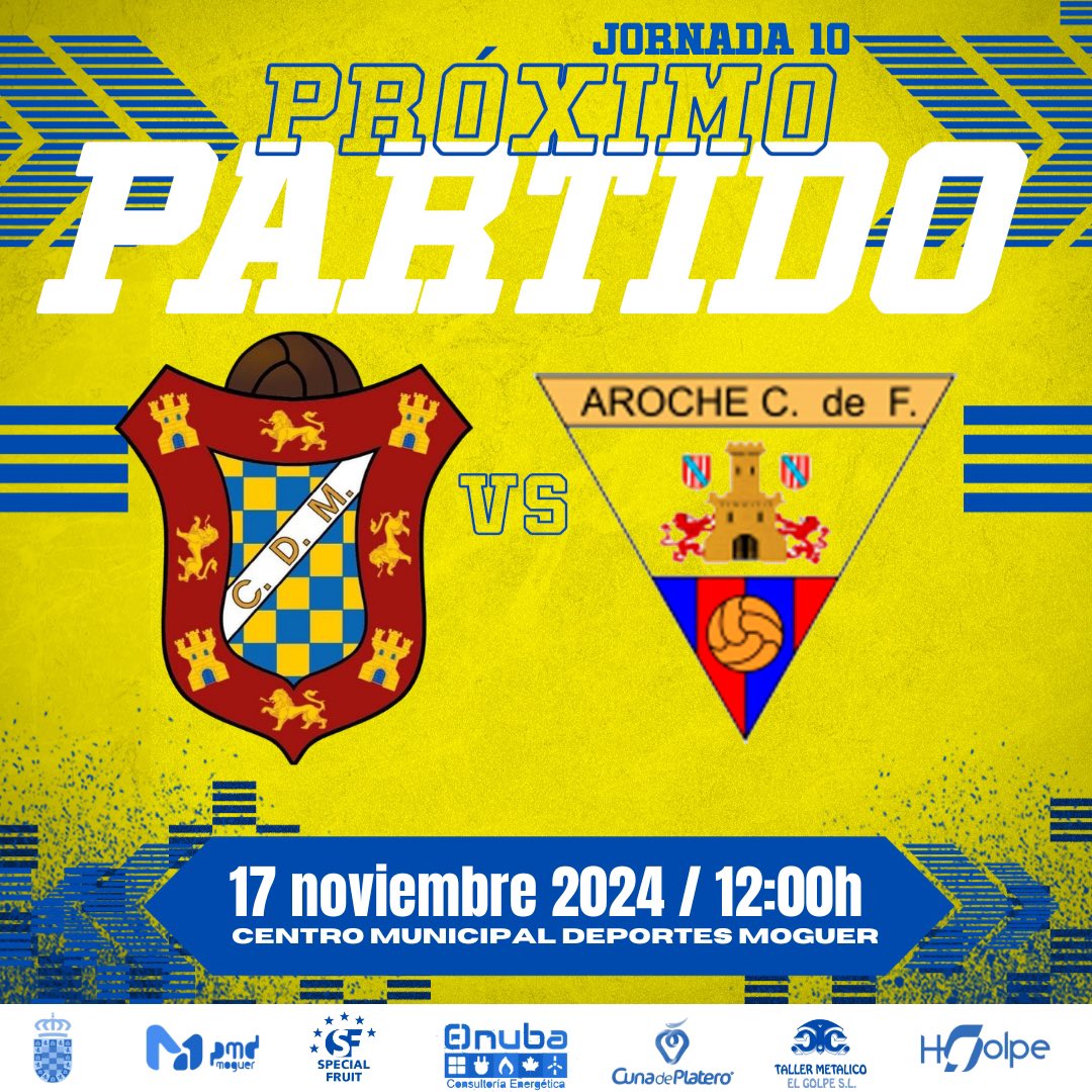 🟡PRÓXIMO 𝐏𝐀𝐑𝐓𝐈𝐃𝐎 - 10 𝐉𝐎𝐑𝐍𝐀𝐃𝐀🔵 1 ANDALUZA SENIOR  𝐂𝐃 𝐌𝐨𝐠𝐮𝐞𝐫 🆚 Aroche CF ▶️17 noviembre,domingo 🕠12:00h 🏟️ Centro Municipal Deportes Moguer  #VamosMoguer #Fútbol #VamosEquipo #PasionEntregaCoraje