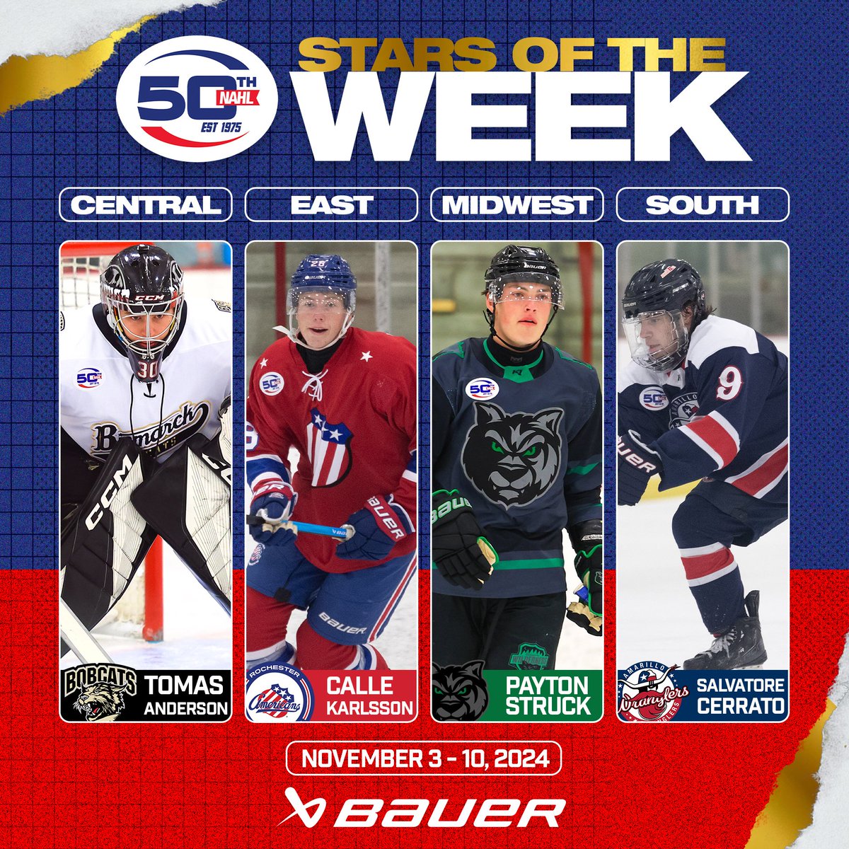⭐️NAHL @bauerhockey Stars of the Week⭐️

Central: Tomas Anderson
East: Calle Karlsson
Midwest: Payton Struck
South: Salvatore Cerrato

📰: nahl.com/news/story.cfm…