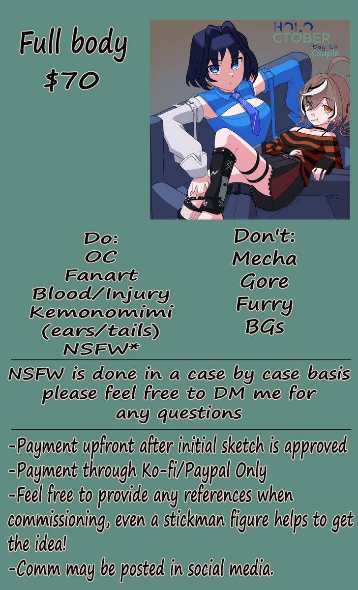 mariarthas's tweet image. Commissions open!
Will be taking 5 slots instead of 3 this time around.
Feel free to DM me here for any questions
RTs are appreciated🙏