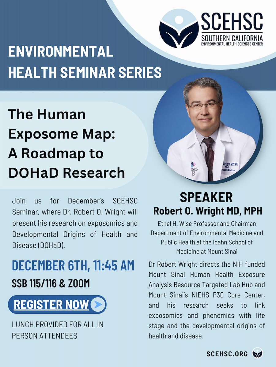 Population and Public Health Sciences at USC (@uscpphs) on Twitter photo EVENT: SCEHSC Seminar with Robert O Wright M.D., MPH. Wright will present his research on exposomics and Developmental Origins of Health and Disease (DOHaD). Learn more and Register here: bit.ly/3Cl3PeV
<a href="/USCEnviroHealth/">USC Enviro Health</a> <a href="/KECKSchool_USC/">Keck School of Medicine of USC</a> EVENT: SCEHSC Seminar with Robert O Wright M.D., MPH. Wright will present his research on exposomics and Developmental Origins of Health and Disease (DOHaD). Learn more and Register here: bit.ly/3Cl3PeV
<a href="/USCEnviroHealth/">USC Enviro Health</a> <a href="/KECKSchool_USC/">Keck School of Medicine of USC</a>